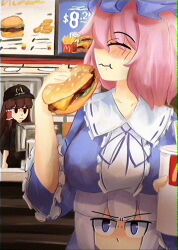 Rule 34 | 3girls, :t, black hat, blunt bangs, breast rest, breasts, breasts on head, brown hair, burger, cashier, closed eyes, closed mouth, commentary, eating, english commentary, food, french fries, grey hair, hakurei reimu, hat, highres, konpaku youmu, lad der, large breasts, mcdonald&#039;s, multiple girls, pink hair, saigyouji yuyuko, short hair, touhou