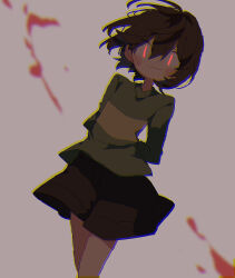 Rule 34 | 1other, arms behind back, blood, blush, brown background, brown hair, brown shorts, chara (undertale), child, chromatic aberration, closed mouth, glowing, glowing eyes, green shirt, hair between eyes, highres, long sleeves, nikorashi-ka, red eyes, shirt, short hair, shorts, smile, striped clothes, striped shirt, undertale, yellow shirt