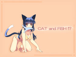 Rule 34 | 1girl, animal ears, bikini, blue hair, cat ears, cat tail, fish, mouth hold, red eyes, sikorsky, solo, swimsuit, tail, wallpaper