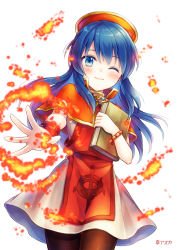 Rule 34 | 1girl, blue eyes, blue hair, book, bracelet, cannan, closed mouth, dress, fire, fire emblem, fire emblem: the binding blade, hat, highres, holding, holding book, jewelry, lilina (fire emblem), long hair, nintendo, one eye closed, red hat, simple background, solo, white background