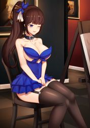 Rule 34 | 00s, 1girl, bad id, bad pixiv id, bare shoulders, black thighhighs, blue dress, blue eyes, blunt bangs, breasts, brown hair, chair, choker, cleavage, daydream (zhdkffk21), dress, dungeon and fighter, female gunner (dungeon and fighter), garter straps, hands on lap, highres, large breasts, long hair, one eye closed, painting (object), ponytail, sitting, solo, thighhighs