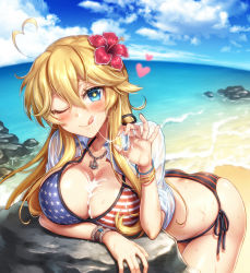 Rule 34 | 1girl, ;q, ahoge, alternate costume, american flag bikini, american flag bikini top, american flag print, anchor necklace, arm support, ass, bangle, beach, bent over, bikini, blonde hair, blue eyes, blush, bracelet, breasts, butt crack, cleavage, closed mouth, collarbone, day, fellatio gesture, fisheye, flag print, flower, glint, hair flower, hair ornament, heart, heart ahoge, hibiscus, horizon, iowa (kancolle), jewelry, kantai collection, large breasts, long hair, looking at viewer, mika (1020mk), mismatched bikini, necklace, ocean, one eye closed, open clothes, open shirt, pearl bracelet, pendant, print bikini, raised eyebrows, rock, see-through, shirt, short sleeves, side-tie bikini bottom, sidelocks, smile, solo, star-shaped pupils, star (symbol), star print, striped bikini, striped bikini bottom, striped clothes, suggestive fluid, sweat, swimsuit, symbol-shaped pupils, tongue, tongue out, water, wet, wet clothes, wet shirt, white shirt, wristband