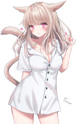 Rule 34 | 1girl, absurdres, animal ears, breasts, cat ears, cat girl, cat tail, dress shirt, facial mark, final fantasy, final fantasy xiv, highres, large breasts, light brown hair, long hair, looking at viewer, miqo&#039;te, no pants, pink eyes, sana (sanamaru 0w0), shirt, short sleeves, signature, simple background, smile, tail, warrior of light (ff14), whisker markings, white background, white shirt
