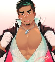 Rule 34 | 1boy, abs, bara, black hair, blush, dark-skinned male, dark skin, facial hair, goatee, green hair, jacket, kyoichi (active agent) (live a hero), kyoichi (live a hero), large pectorals, live a hero, looking at viewer, male focus, mature male, multicolored hair, muscular, muscular male, official alternate costume, open clothes, open jacket, open shirt, paid reward available, pectoral cleavage, pectorals, shirt, short hair, smile, solo, streaked hair, striped clothes, striped shirt, undressing, upper body, whistle, whistle around neck, yuufreak