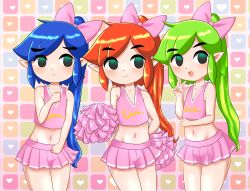 Rule 34 | 3boys, :&lt;, :d, bare shoulders, blue hair, blush, bow, cheerleader, cheerleader link, clone, closed mouth, collarbone, crop top, crossdressing, dot nose, eyebrows, green eyes, green hair, hair bow, heart, heart background, high ponytail, holding, holding pom poms, legs together, link, midriff, multicolored background, multiple boys, navel, nintendo, open mouth, papapaimon, pink bow, pink skirt, pleated skirt, pointy ears, pom pom (cheerleading), pom poms, ponytail, red hair, side-by-side, sidelocks, sideways glance, skirt, sleeveless, smile, standing, the legend of zelda, the legend of zelda: tri force heroes, toon link, trap, v, v-neck