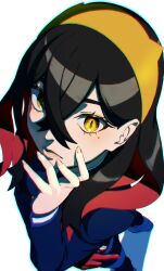 Rule 34 | 1girl, aduti momoyama, black hair, carmine (pokemon), chromatic aberration, closed mouth, creatures (company), crossed bangs, double-parted bangs, fingernails, from above, frown, game freak, hair between eyes, hairband, highres, legs apart, lips, long sleeves, mole, mole under eye, multicolored hair, nintendo, pokemon, pokemon sv, red hair, shadow, simple background, slit pupils, solo, standing, two-tone hair, white background, yellow eyes, yellow hairband