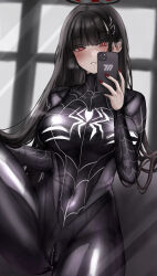 Rule 34 | 1girl, absurdres, alternate costume, animal print, at congju, black bodysuit, black hair, blue archive, blunt bangs, blurry, blurry background, blush, bodysuit, breasts, breath, cellphone, commentary, cosplay, crotch zipper, fingernails, halo, highres, holding, holding phone, large breasts, looking at viewer, nail polish, phone, red eyes, rio (blue archive), selfie, solo, spider-man, spider-man (cosplay), spider print, spider web print, sweat, zipper