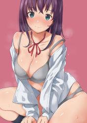 Rule 34 | 1girl, bare shoulders, black socks, blue eyes, blush, bra, breasts, cleavage, closed mouth, copyright request, doushimasho, grey bra, grey panties, large breasts, legs, long hair, long sleeves, looking at viewer, neck ribbon, off shoulder, panties, pink background, purple hair, red ribbon, ribbon, shirt, simple background, sitting, smell, smile, socks, solo, steaming body, sweat, underwear, white shirt