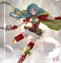 Rule 34 | 1girl, armor, artist name, blue eyes, blue hair, boots, breastplate, breasts, cape, dated, eirika (fire emblem), fingerless gloves, fire emblem, fire emblem: the sacred stones, fire emblem heroes, gloves, holding, holding sword, holding weapon, jewelry, kero sweet, looking away, nintendo, red gloves, red thighhighs, short sleeves, signature, skirt, solo, sword, thigh boots, thighhighs, weapon, white skirt
