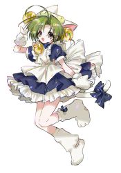 Rule 34 | 1girl, animal ears, animal hands, animal hat, apron, aranotchi, bell, bow, cat ears, cat hat, cat tail, dejiko, di gi charat, dress, frilled dress, frills, gloves, green eyes, green hair, hair bell, hair ornament, hat, jingle bell, looking at viewer, maid apron, open mouth, paw gloves, paw shoes, short hair, simple background, smile, solo, tail, v, white background