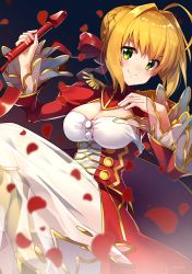 Rule 34 | 10s, 1girl, absurdres, ahoge, bad id, bad pixiv id, blonde hair, breasts, cleavage, dress, fate/extra, fate (series), green eyes, hair intakes, highres, holding, holding sword, holding weapon, ichiren namiro, large breasts, looking at viewer, nero claudius (fate), nero claudius (fate) (all), nero claudius (fate/extra), petals, see-through, shiny skin, short hair, smile, solo, sword, weapon