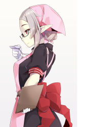 Rule 34 | 1girl, apron, back bow, beige background, black-framed eyewear, black shirt, black skirt, bow, closed mouth, commentary request, from side, glasses, gloves, grey hair, hair bun, hand up, head scarf, highres, holding, looking away, ogami kazuki, original, pale skin, pink apron, pointy ears, profile, puffy short sleeves, puffy sleeves, red bow, red eyes, semi-rimless eyewear, shirt, short sleeves, sidelocks, simple background, single hair bun, skirt, smile, solo, under-rim eyewear, white gloves