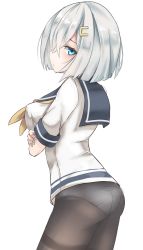 Rule 34 | 10s, 1girl, bad id, bad pixiv id, blue eyes, breast hold, breasts, crossed arms, from behind, from side, hair ornament, hair over one eye, hairclip, hamakaze (kancolle), highres, kantai collection, large breasts, looking at viewer, no pants, panties, panties under pantyhose, pantyhose, parted lips, school uniform, serafuku, short hair, silver hair, solo, tokoi, underwear, white background