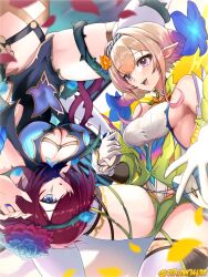 Rule 34 | 2girls, bare shoulders, blonde hair, blue eyes, breasts, cleavage, cleavage cutout, clothing cutout, covered navel, dress, fairy wings, fire emblem, fire emblem heroes, gradient hair, hair over one eye, highres, holding hands, large breasts, looking at viewer, medium breasts, multicolored hair, multiple girls, nintendo, official alternate costume, open mouth, peony (cherished dream) (fire emblem), peony (fire emblem), plant, pointy ears, purple eyes, red hair, siblings, sisters, sleeveless, sleeveless dress, teeth, tfa28474638, thighhighs, thorns, triandra (fire emblem), triandra (reverent dream) (fire emblem), twitter username, upper teeth only, upside-down, vines, wings