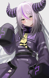 Rule 34 | 1girl, black dress, blush, braid, brown eyes, closed mouth, commentary request, demon horns, dress, grey background, grey hair, hair between eyes, hand up, highres, hololive, horns, la+ darknesss, long hair, long sleeves, multicolored hair, natsuki (natukituki), purple hair, simple background, sleeves past fingers, sleeves past wrists, solo, streaked hair, very long hair, virtual youtuber
