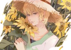 Rule 34 | 1boy, clivenzu, closed mouth, earrings, flower, grey eyes, hat, highres, holding, holding flower, hunter x hunter, jewelry, kurapika, looking at viewer, male focus, shirt, short hair, smile, solo, straw hat, sunflower, trap, white shirt