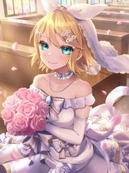 Rule 34 | 1girl, aqua eyes, bad id, bad pixiv id, bare shoulders, blonde hair, blush, bouquet, bow, bridal veil, closed mouth, collar, commentary, dress, elbow gloves, flower, gloves, hair between eyes, hair flower, hair ornament, hair ribbon, highres, indoors, jewelry, kagamine rin, looking at viewer, petals, pink flower, pink rose, ribbon, rose, short hair, smile, solo, soramame pikuto, stained glass, standing, sunlight, upper body, veil, vocaloid, wedding dress, white dress, white gloves