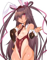 Rule 34 | 1girl, :o, animal ears, bare shoulders, blush, breastless clothes, breasts, brown gloves, brown hair, brown neckwear, bunny outfit, cleft of venus, curvy, elbow gloves, fake animal ears, frontal wedgie, gloves, hair between eyes, hair ribbon, hairband, highleg, highleg leotard, highres, leotard, long hair, looking at viewer, mikagelove, mizuki yukikaze, nipples, one-piece tan, open mouth, partially visible vulva, pink ribbon, playboy bunny, purple eyes, rabbit ears, red hairband, red leotard, ribbon, shiny skin, small breasts, solo, taimanin (series), taimanin yukikaze, tan, tanline, thong leotard, very long hair, wedgie