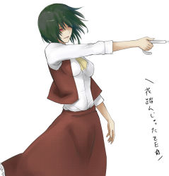 Rule 34 | 1girl, ascot, bad id, bad pixiv id, breasts, daiji pt, female focus, green hair, holding, kazami yuuka, medium breasts, open mouth, outstretched arm, plaid, red eyes, short hair, simple background, skirt, smile, solo, standing, text focus, touhou, translated, umbrella, vest, white background