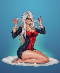 Rule 34 | 1girl, biting, black cat (marvel), black nails, blue background, blue eyes, breasts, cleavage, diamond necklace, domino mask, dress, ezysummers, felicia hardy, highres, jewelry, kneeling, long hair, looking at viewer, marvel, mask, medium breasts, necklace, rug, short dress, spider-man (series), teeth, white hair