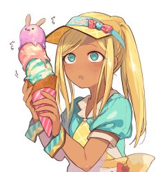 Rule 34 | 1girl, aqua eyes, blonde hair, bow, dark-skinned female, dark skin, dress, dress bow, drooling, food, green dress, hazuki (nature.), highres, holding, holding food, ice cream, idolmaster, idolmaster cinderella girls, idolmaster cinderella girls starlight stage, layla (idolmaster), long hair, looking at another, necktie, open mouth, ponytail, short sleeves, simple background, solo, visor cap, white background, wrist cuffs, yellow necktie