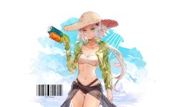 Rule 34 | 1girl, alternate costume, bikini, breasts, cleavage, collarbone, cowboy shot, girls&#039; frontline, green eyes, hair ornament, hand up, hat, hei chuan gui, highres, holding, holding water gun, hunter (girls&#039; frontline), jacket, long hair, looking at viewer, multi-strapped bikini bottom, navel, parted lips, sangvis ferri, sarong, see-through, see-through jacket, simple background, solo, straw hat, sun hat, swimsuit, water gun, white hair