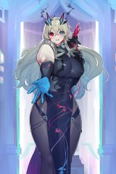 Rule 34 | 1girl, armor, backlighting, bare shoulders, biceps, black dress, black gloves, blonde hair, blue eyes, breasts, brown pantyhose, covered navel, dress, earrings, elbow gloves, barghest (fate), barghest (second ascension) (fate), fate/grand order, fate (series), gauntlets, gloves, grin, heterochromia, horns, jewelry, large breasts, long hair, looking at viewer, necklace, outstretched arm, pantyhose, pauldrons, pelvic curtain, red eyes, shoulder armor, sideboob, single gauntlet, single pauldron, smile, solo, tan (inka), thighs