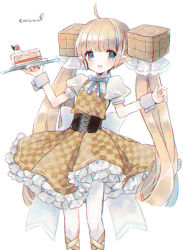 Rule 34 | 1girl, :d, ahoge, blush, brown dress, cake, cake slice, checkered clothes, checkered dress, cube hair ornament, dress, food, fruit, hair ornament, hair ribbon, highres, holding, holding tray, kikka (kicca choco), light brown hair, long hair, looking at viewer, open mouth, original, pantyhose, plate, pointy ears, puffy short sleeves, puffy sleeves, ribbon, shirt, short sleeves, sidelocks, simple background, sleeveless, sleeveless dress, smile, solo, strawberry, tray, twintails, very long hair, white background, white pantyhose, white ribbon, white shirt, wrist cuffs