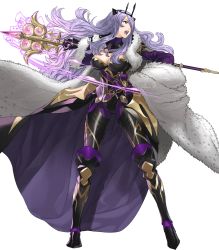 Rule 34 | 1girl, armored boots, boots, breasts, camilla (fire emblem), cape, cleavage, dress, fire emblem, fire emblem fates, fire emblem heroes, full body, fur trim, gloves, grey background, hair over one eye, highres, kozaki yuusuke, large breasts, long hair, nintendo, non-web source, official art, open mouth, purple hair, red eyes, solo, staff, standing, teeth, tiara, transparent background