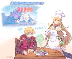 Rule 34 | 1boy, 1girl, apron, bad food, blonde hair, chair, chef hat, closed mouth, damage numbers, closed eyes, food, fork, gameplay mechanics, glowing, glowing eyes, hands on own hips, hat, highres, jacket, long hair, long sleeves, mythra (xenoblade), nintendo, red jacket, second-party source, shulk (xenoblade), smile, suneiaaa, super smash bros., table, toque blanche, x x, xenoblade chronicles 1, xenoblade chronicles (series), xenoblade chronicles 2