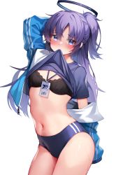 Rule 34 | 1girl, arm behind back, arm behind head, black bra, blue archive, blue buruma, blue eyes, blue jacket, blue shirt, blush, bra, breasts, buruma, clothes lift, cowboy shot, crop top, half updo, halo, highres, jacket, lanyard, lifting own clothes, long hair, looking at viewer, medium breasts, midriff, navel, official alternate costume, open clothes, open jacket, parted lips, pinki o64, purple hair, shirt, shirt lift, short sleeves, simple background, small breasts, solo, standing, stomach, sweat, underwear, white background, yuuka (blue archive), yuuka (track) (blue archive)