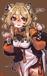 Rule 34 | 1girl, animal ears, arknights, brown background, brown hair, cowboy shot, dress, du yaoye (arknights), ear piercing, earrings, fangs, hair between eyes, hair rings, hands up, highres, jewelry, long sleeves, looking at viewer, open mouth, paw pose, piercing, red eyes, shima (wideshi ma), shrug (clothing), sidelocks, simple background, solo, speech bubble, sweatdrop, tail, tassel, tassel earrings, tiger ears, tiger girl, tiger tail, translated, white dress
