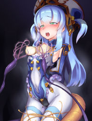 Rule 34 | 1girl, arms behind back, blue hair, blush, bodysuit, breasts, breath, costume request, covered erect nipples, covered navel, crystal, green eyes, heavy breathing, long hair, open mouth, original, sidelocks, small breasts, solo, tentacles, tomonao, two side up, very long hair