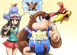 Rule 34 | 1boy, 2girls, animal ears, backpack, bag, banjo-kazooie, banjo (banjo-kazooie), bear ears, blue eyes, brown eyes, brown hair, creatures (company), feathers, finger to mouth, furry, furry male, game freak, gen 1 pokemon, gen 2 pokemon, green eyes, holding, holding poke ball, in bag, in container, kazooie (banjo-kazooie), kicdon, leaf (pokemon), multiple girls, nintendo, on head, open mouth, poke ball, poke ball (basic), pokemon, pokemon (creature), pokemon frlg, pokemon on head, red skirt, shushing, skirt, sleeping, squirtle, super smash bros., thought bubble, togepi, white headwear, zzz