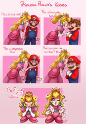 Rule 34 | 1boy, 1girl, absurdres, blowing kiss, blue eyes, blush, breasts, brooch, brown hair, crown, dress, earrings, face-to-face, facial hair, gloves, grin, hat, hetero, highres, jewelry, kiss, lc-holy, long hair, looking at another, mario, mario (series), mustache, nintendo, one eye closed, overalls, pink dress, ponytail, princess peach, smile, standing, super mario bros. 1, sweat, unworn hat, unworn headwear, wink