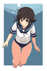 Rule 34 | 10s, 1girl, bare legs, black hair, blue background, blush, brown eyes, check commentary, commentary request, fubuki (kancolle), kantai collection, kugui kiyunemu, looking at viewer, neck ribbon, ribbon, sailor collar, school swimsuit, school uniform, serafuku, solo, swimsuit, swimsuit under clothes, thigh gap, underwater