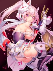 Rule 34 | 1girl, armor, ass, back, bare shoulders, blush, breasts, character request, doyouwantto, gauntlets, grin, hair tie in mouth, holding, holding sword, holding weapon, long hair, mask, mask on head, megami device, mouth hold, purple eyes, purple hair, smile, solo, sword, weapon, white legwear
