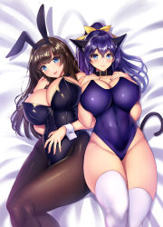 Rule 34 | 2girls, animal ears, black legwear, black leotard, blue eyes, breasts, brown hair, cat ears, cat tail, cleavage, covered navel, curvy, fake animal ears, hair between eyes, highleg, highleg leotard, highres, huge breasts, kittysuit, leotard, long hair, looking at viewer, lying, multiple girls, nontraditional playboy bunny, on back, original, pantyhose, playboy bunny, purple hair, purple leotard, rabbit ears, smile, strapless, strapless leotard, tail, takeda aranobu, thick thighs, thighhighs, thighs, white legwear, wrist cuffs