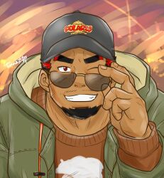 Rule 34 | 1boy, animal print, bara, baseball cap, bear print, dark-skinned male, dark skin, facial hair, goatee, grin, hat, highres, jacket, live a hero, looking at viewer, male focus, mature male, multicolored hair, mustache stubble, open clothes, open jacket, polaris mask (live a hero), print sweater, short hair, smile, solo, stubble, sunglasses, sweater, tunataro (27taro1), two-tone eyebrows, two-tone hair, winter clothes