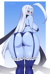 Rule 34 | 1girl, ahoge, ass, black scarf, black sclera, blue background, blue panties, blue skin, blue thighhighs, blush, breasts, colored sclera, colored skin, from behind, garter straps, huge ahoge, lace, lace-trimmed legwear, lace trim, lala (monster musume), large breasts, lindaroze, long hair, looking at viewer, looking back, monster musume no iru nichijou, panties, patreon username, scarf, solo, thighhighs, twitter username, two-tone background, underwear, very long hair, white background, white hair, yellow eyes