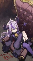 Rule 34 | 1girl, ahoge, chair, closed mouth, commentary, demon horns, dress, hair between eyes, highres, hololive, horns, knee up, la+ darknesss, long hair, long sleeves, looking at viewer, lying, m.q (mqkyrie), on back, purple hair, single thighhigh, sleeves past fingers, sleeves past wrists, solo, thighhighs, virtual youtuber, yellow eyes