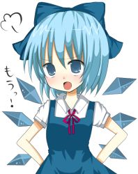 Rule 34 | 1girl, angry, blue eyes, blue hair, blush, bow, cirno, female focus, fume, hands on own hips, kogawa, matching hair/eyes, open mouth, solo, embodiment of scarlet devil, touhou