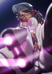 Rule 34 | 1girl, ass, black-framed eyewear, black hair, blurry, blurry foreground, bodysuit, breasts, cropped jacket, dark-skinned female, dark skin, dutch angle, fingerless gloves, glasses, gloves, gradient background, gun, hat, highres, holding, holding gun, holding weapon, jacket, kionaoki, large breasts, long hair, looking at viewer, lying, making-of available, multicolored hair, on back, open clothes, open jacket, original, parted bangs, pink hair, red eyes, semi-rimless eyewear, short hair, short sleeves, signature, skin tight, solo, thighhighs, two-tone hair, under-rim eyewear, very long hair, weapon