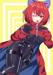 Rule 34 | 1girl, adapted costume, akatsuki records, black bodysuit, black gloves, bodysuit, bow, garter straps, gloves, hair bow, highres, long sleeves, looking at viewer, mizunisabano, one eye closed, purple bow, red eyes, red hair, rock &#039;n&#039; rock &#039;n&#039; beat, sekibanki, sekibanki day, simple background, solo, tongue, tongue out, touhou, yellow background, zipper