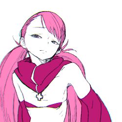 Rule 34 | 1girl, bra, bright pupils, closed mouth, commentary, cynthia lane, detached sleeves, english commentary, flat chest, highres, long hair, long sleeves, looking at viewer, monochrome, overman king gainer, pink theme, simple background, solo, tocky, twintails, underwear, upper body, white background, white pupils