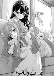 Rule 34 | 2girls, animal ear fluff, blush, bow, closed mouth, commentary request, curtains, fang, greyscale, hair bow, highres, indoors, monochrome, multiple girls, one eye closed, open mouth, original, split mouth, tail, tail bow, tail ornament, yuri, zanka (the-only-neat)