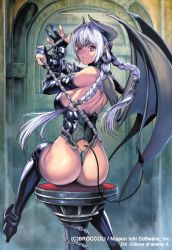 Rule 34 | 1girl, ass, back, bare shoulders, bat wings, batsu no majin poena, black thighhighs, boots, braid, breasts, chain, copyright name, cuffs, demon girl, demon tail, door, elbow gloves, eyepatch, fingerless gloves, fingernails, from behind, gloves, hair tubes, high heels, holding, homare (fool&#039;s art), horns, indoors, large breasts, leotard, lipstick, long fingernails, long hair, looking at viewer, looking back, makeup, nail polish, official art, one-piece thong, pink eyes, pointy ears, shoes, sideboob, sitting, solo, source request, stool, strap, tail, thigh boots, thighhighs, thong leotard, twin braids, very long hair, white hair, wings, z/x