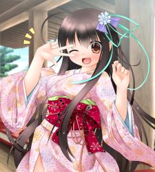 Rule 34 | 1girl, black hair, brown eyes, fang, flower, hair flower, hair ornament, highres, japanese clothes, kanna hisashi, kimono, long hair, looking at viewer, one eye closed, open mouth, original, smile, solo, v