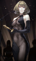 Rule 34 | 1girl, alternate costume, black dress, black gloves, bob cut, commentary request, dress, elbow gloves, gloves, green hair, highres, holding, holding trophy, idolmaster, idolmaster cinderella girls, kaoming, light smile, looking to the side, microphone, microphone stand, mole, mole under eye, parted lips, people, see-through, see-through dress, silhouette, sleeveless, sleeveless dress, solo focus, takagaki kaede, trophy