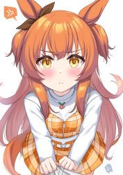 Rule 34 | :&lt;, anger vein, animal ears, blush, breasts, casual, commentary request, highres, horse ears, horse tail, jewelry, kibihimi, long hair, mayano top gun (umamusume), necklace, orange eyes, orange hair, pov, simple background, small breasts, tail, tears, tucking, umamusume, white background
